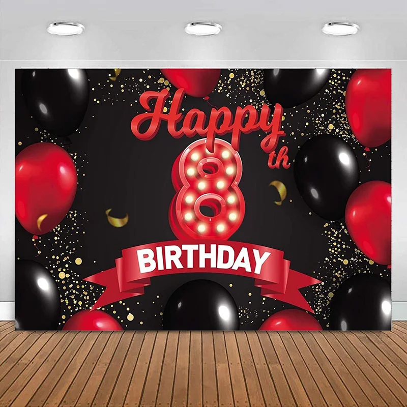 

Happy 8th Birthday Red and Black Banner Photography Backdrop Decorations Balloons for Girls Lady Princess Party Background