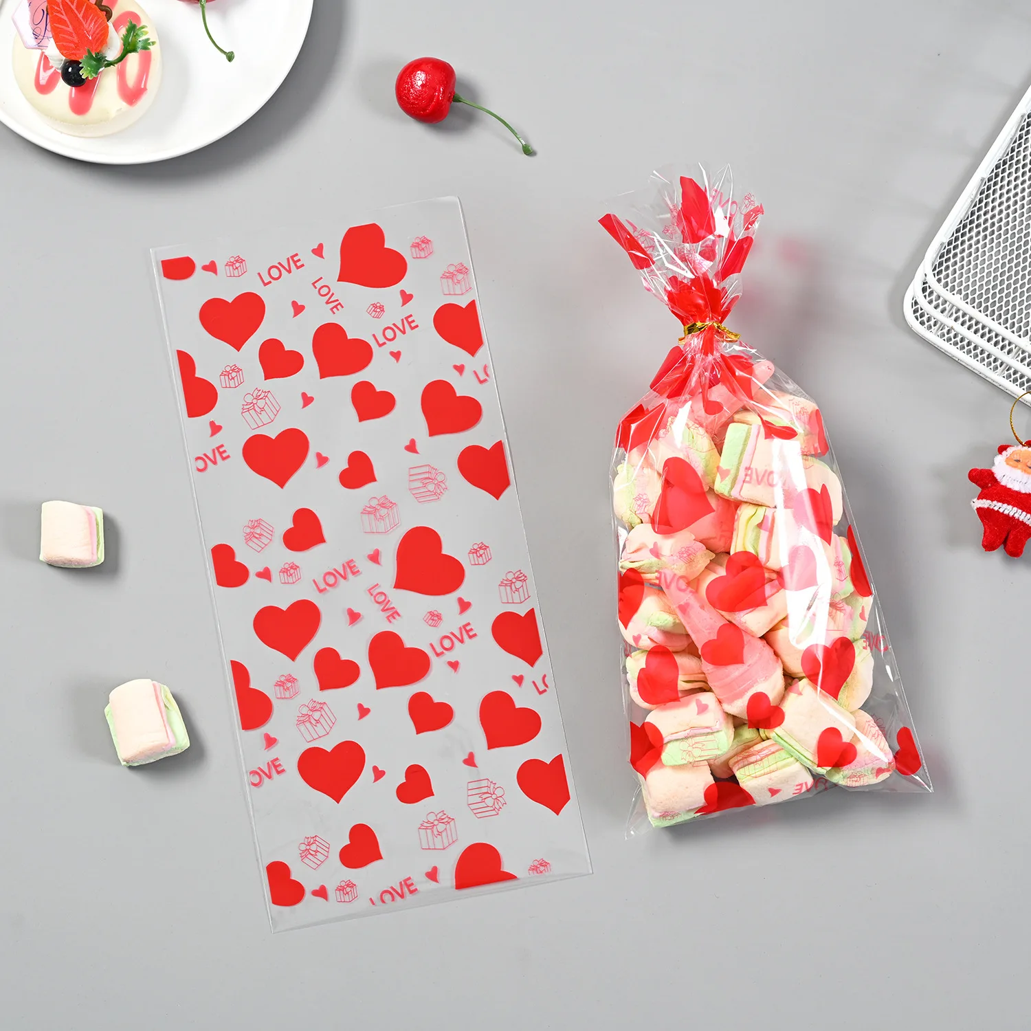 Valentine Red Heart LOVE Print Clear Cellophane Treat Bags Candy Cookie Plastic Gift Packaging Bags With Twist Ties For Wedding Party Favors