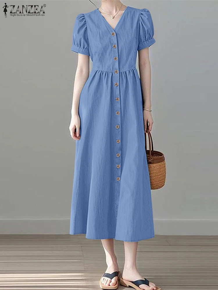 ZANZEA 女性 V ネック A ラインローブファムカジュアルボタンアップエレガントなショートパフスリーブミディドレス 2025 夏デニムルックロングドレス