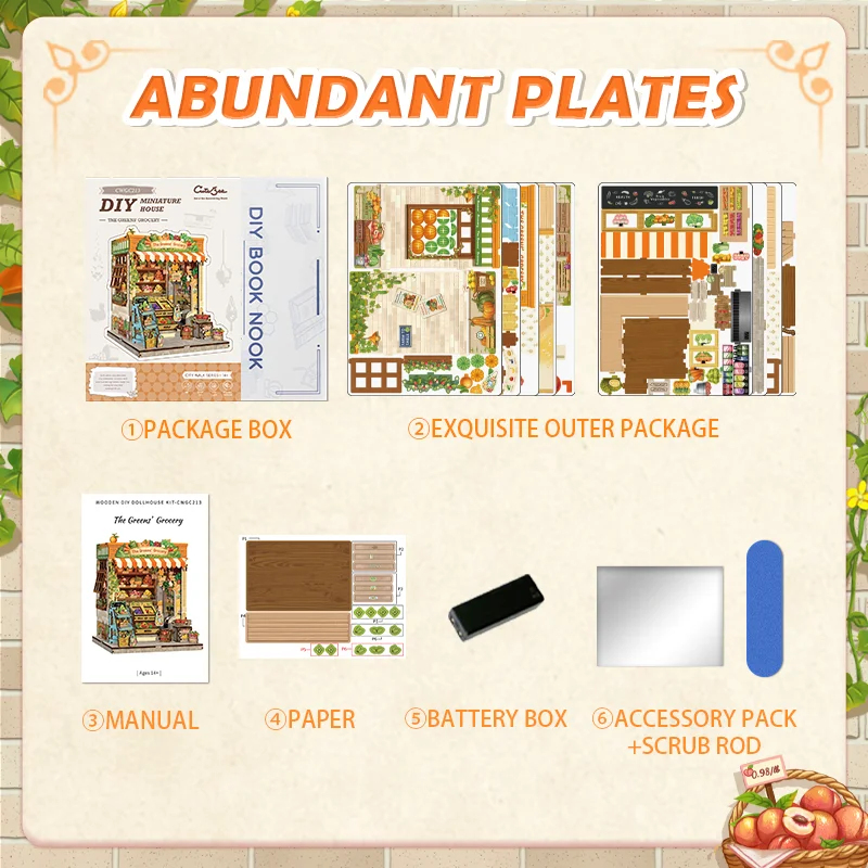 CUTEBEE Kit angolo libro fai-da-te Modello in miniatura Casa delle bambole in legno con inserto per libreria a luce LED Negozio di frutta per la spesa verde