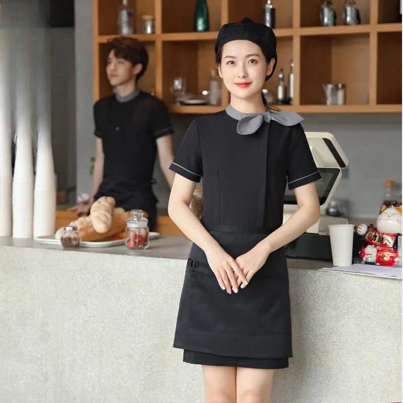 Waiter's short-sleeved shirt for men and women, hotel, club, restaurant, tea house waiter shirt, work uniform with embroiderylog