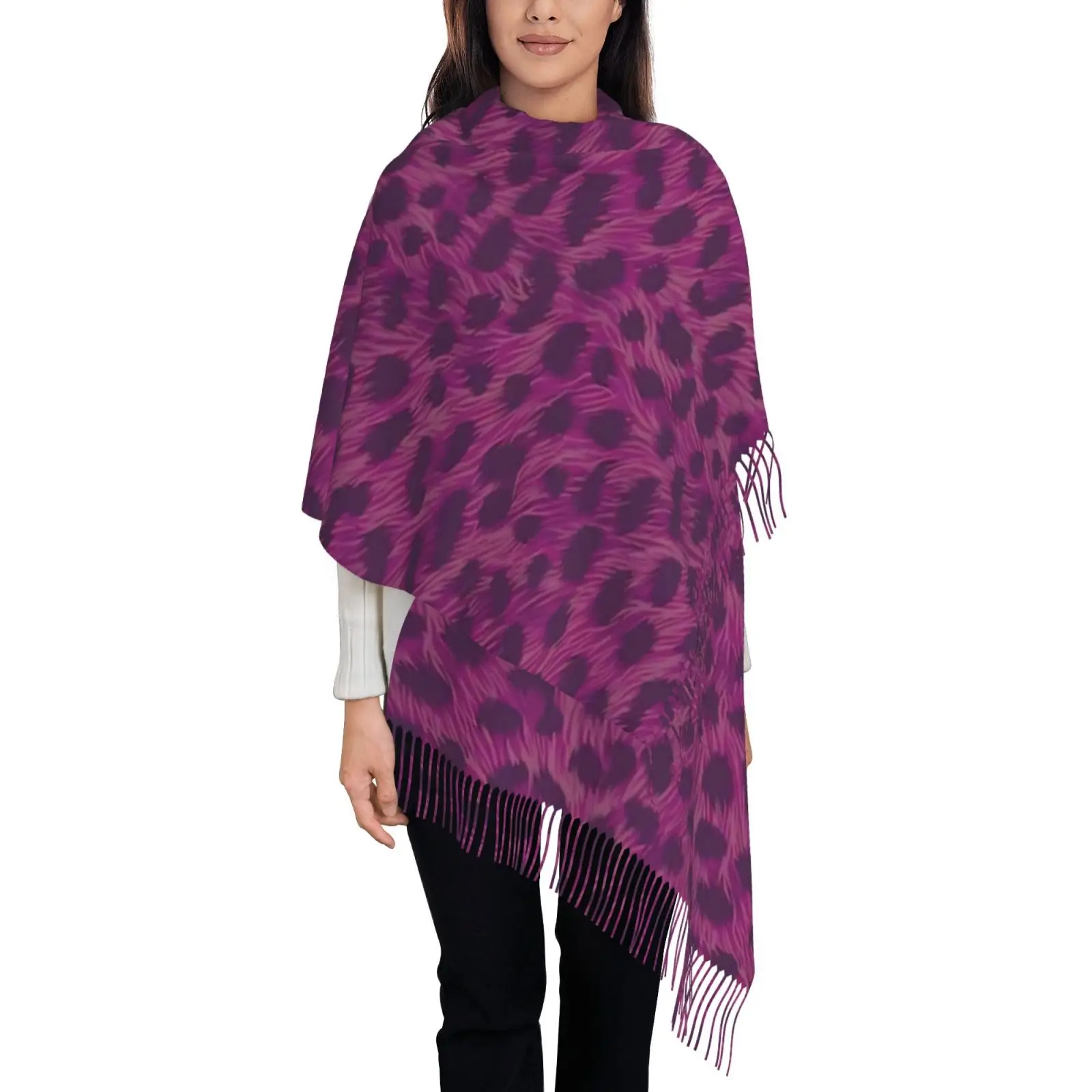 Purple Leopard Print Women Shawl Scarf, Animal Skin Pattern Tassel Wrap, Soft Warm Oversized Cape for Autumn Winter