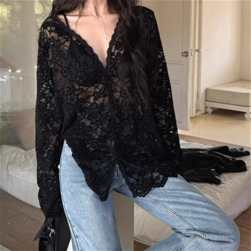 

Women Shirt Solid Blouses Lace Cut Out Long Sleeve V Neck Single Breasted Slight Strech Loose Fit Sexy Casual 2026 Spring Summer