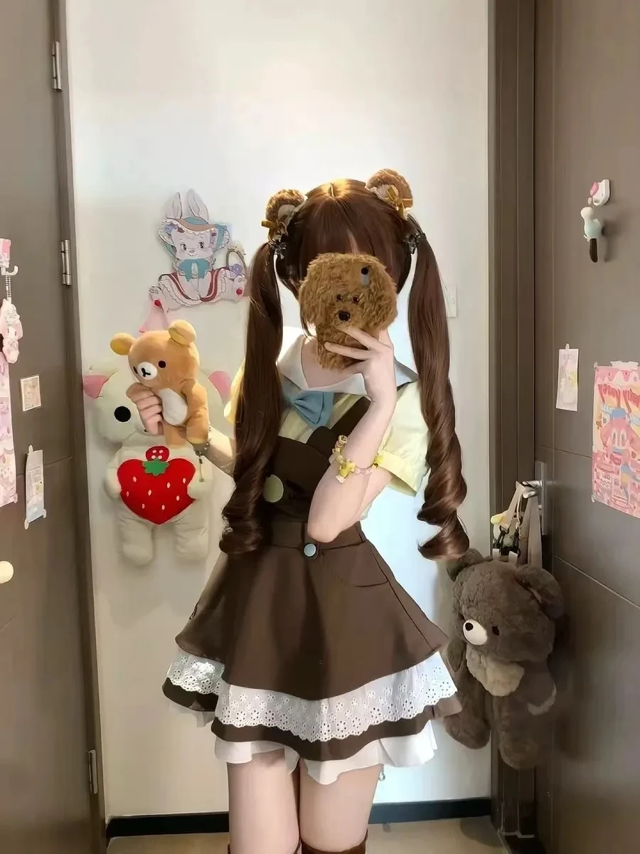 

Комплект из юбки в клетку с милым медведем, топ с кукольным воротником и юбкой с принтом коричневого медведя, комплект из двух предметов для женщин