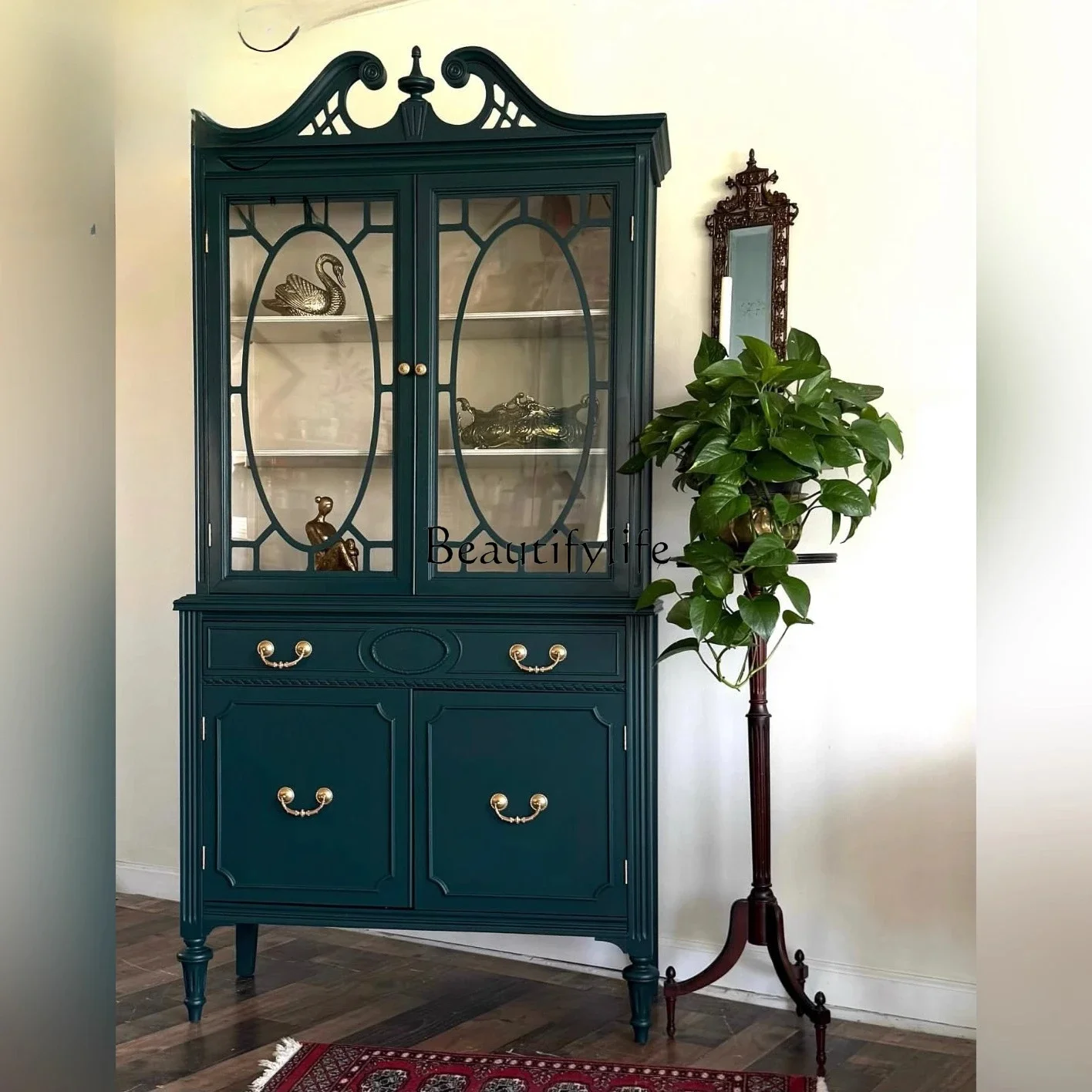 

yj7 French Retro Solid Wood Sideboard American Modern Living Room Large Storage Wine Cabinet High-End Furniture