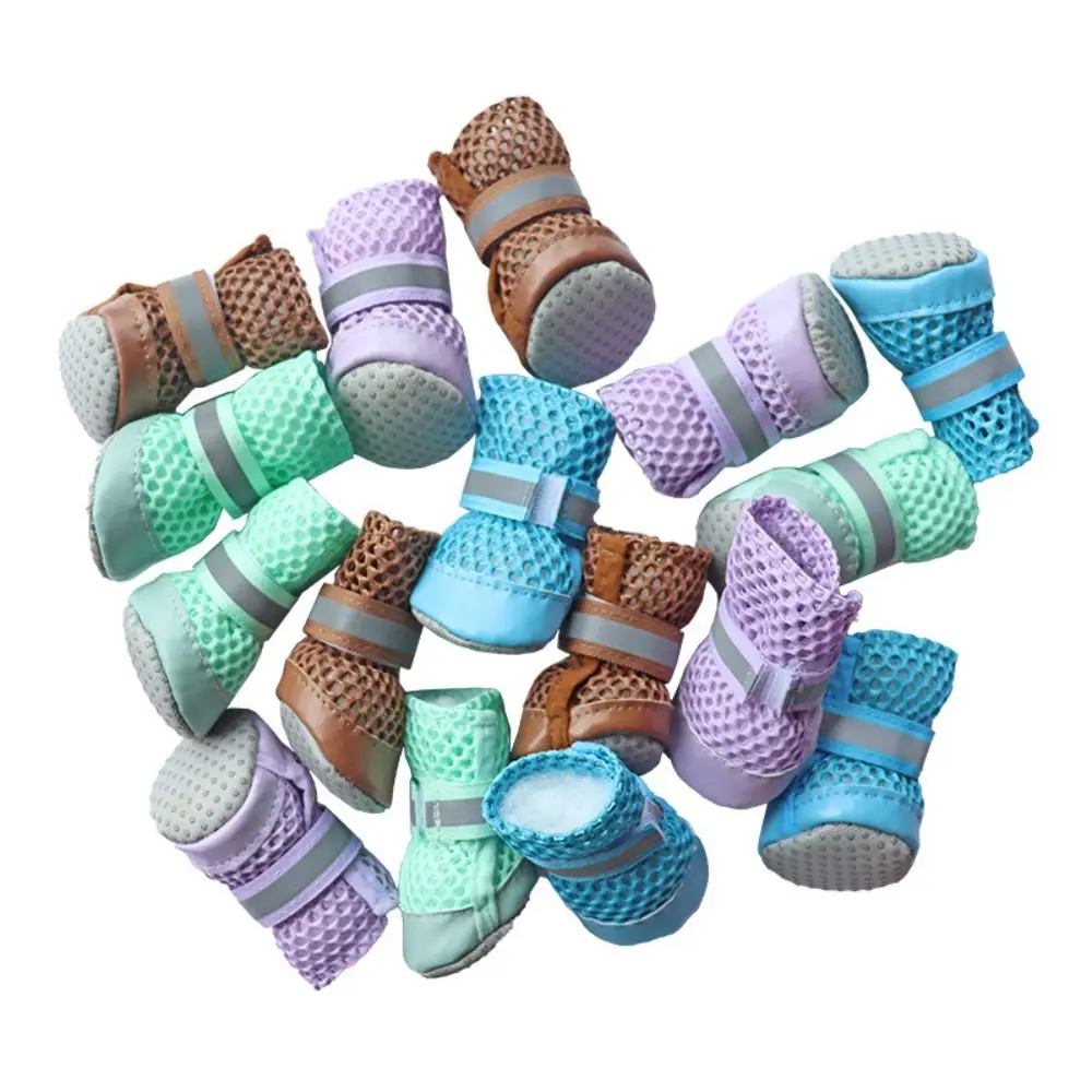 4pcs/set New Breathable Pet Dog Shoes Adjustable Non-Slip Dog Boots Mesh Lightweight Paw Protectors Daily Walking