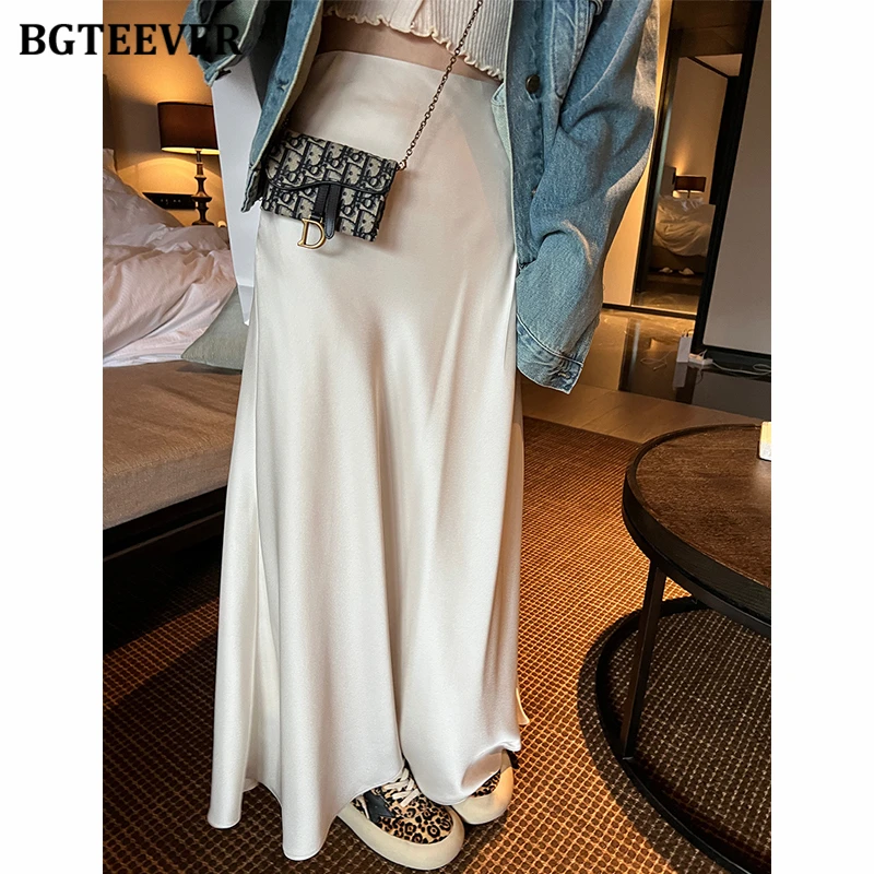 

BGTEEVER Stylish High Waist Ladies Package Hip Skirts Spring Summer Elegant Slim Soft Long Satin Skirts Women