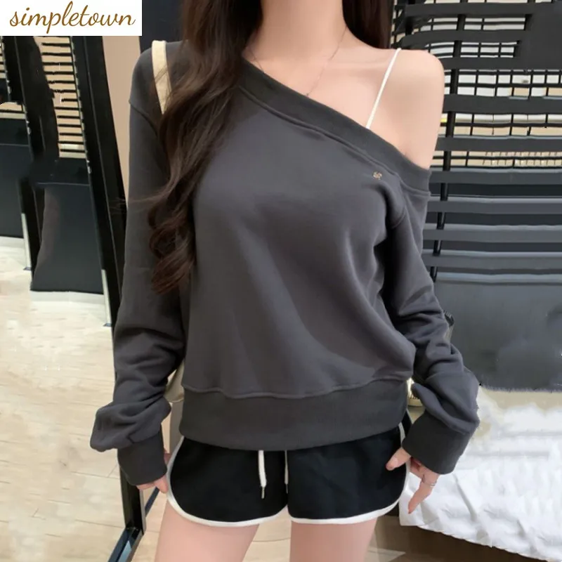 

Spring Korean version new women's gray sloping collar off shoulder long sleeved top