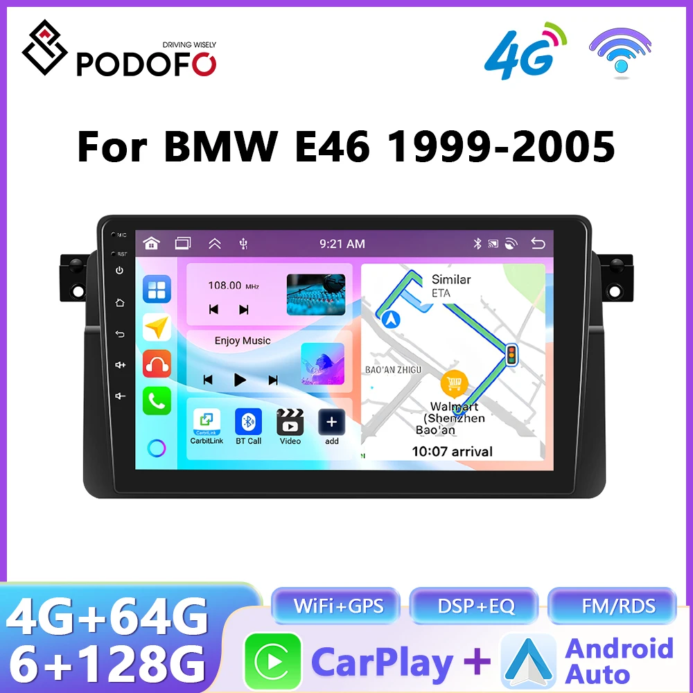 Autoradio Podofo sans fil CarPlay Android Auto pour BMW E46 1999-2005, systèmes GPS intelligents, stéréo multimédia