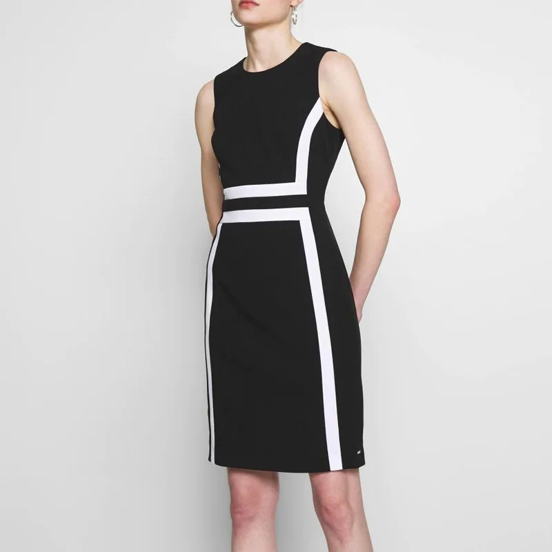 

Spring New Sle OL Personali High Waist Slim Pencil Dr round Ne Svel Dr Color Blo Commute Faionable Wome...