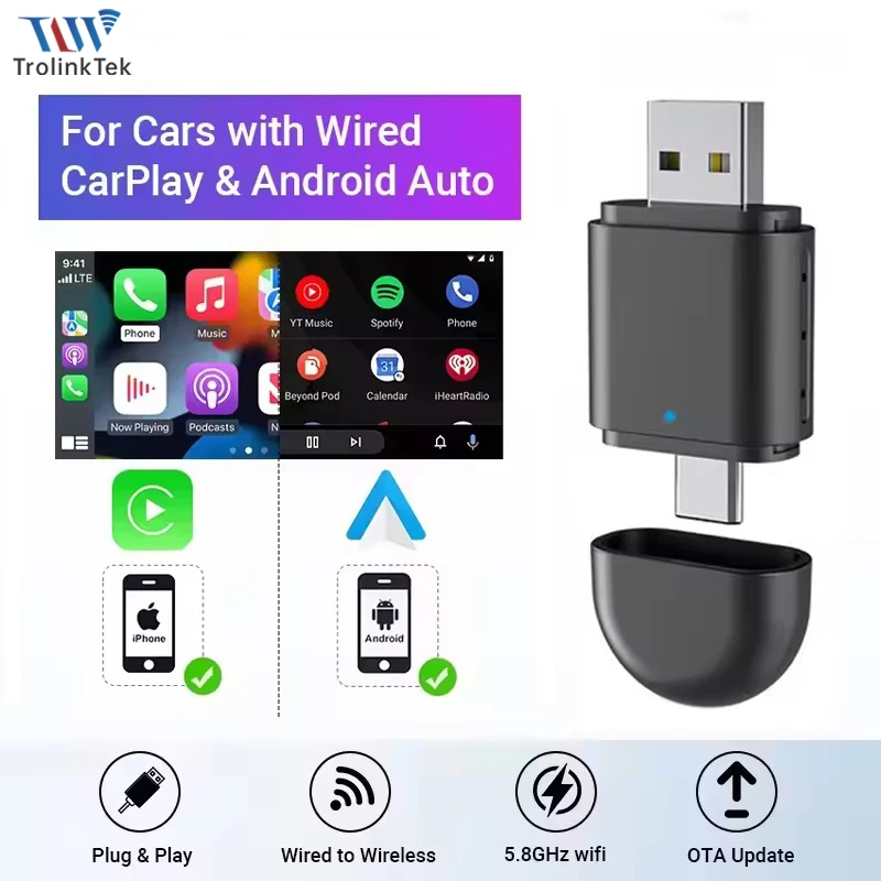 

USB-адаптер с двумя портами Type-C и USB, беспроводной адаптер CarPlay и Android Auto 2-в-1, мини-смарт-бокс 5 ГГц для Toyota, VW, Peugeot, MAZDA, FORD