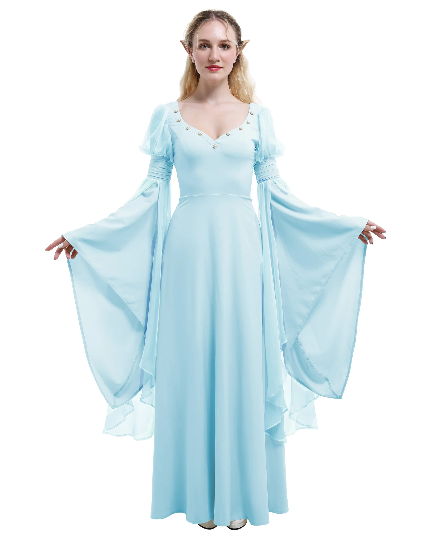 

DAIZBELLA Women Medieval Renaissance Flower Fairy Elf Dress Light Blue Retro Vintage Long Dress