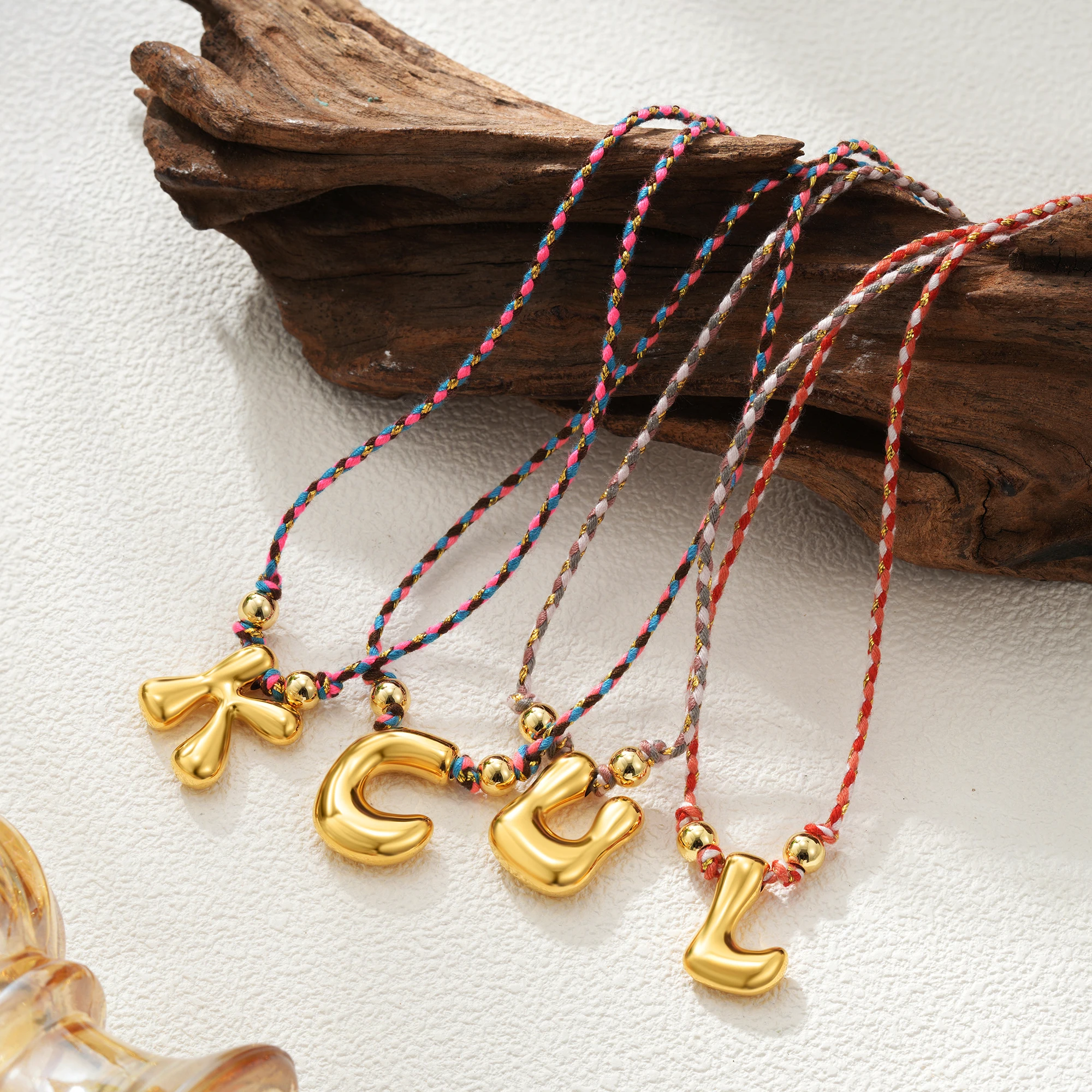 Personalized Initial Letter Necklace Colorful Braided Rope Gold Color Chunky Bubble Alphabet Pendant Adjustable Handmade Jewelry view 5