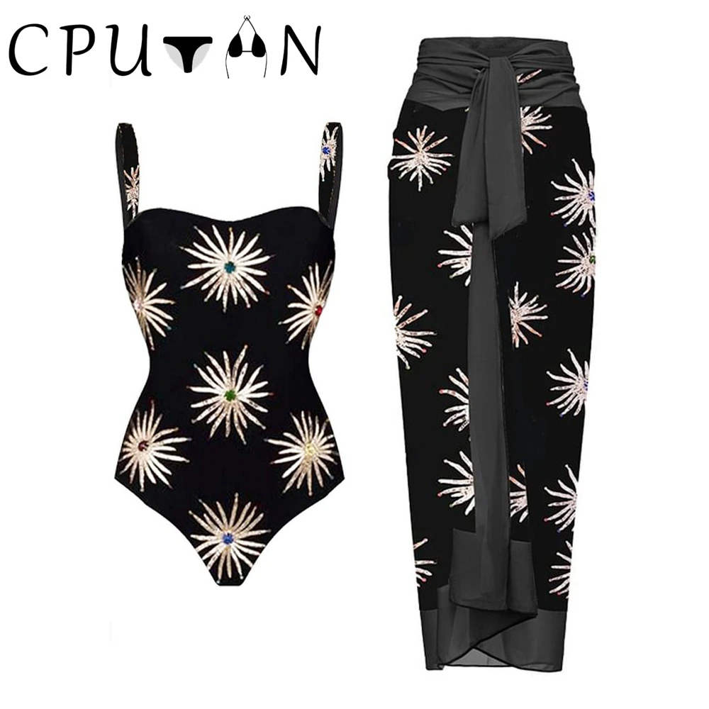 CPUTAN 2025 Black Print Swimsuit With Cover Up Women Floral Swimwear Sexy Swim Suit Bikini Bodysuit Brazilian Bathsuit Beachwear