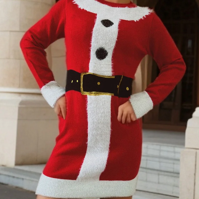

Long Sleeve Dresses Santa Claus Red Vintage Christmas Costumes Knitwear Cosplay Carnival Party Adult Woman Disguise Performance