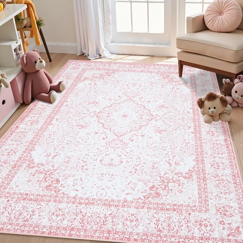 Vintage Pink Floral Flannel Carpet Boho Non Slip Area Rug Soft Floor Mat for Girls Bedroom Nursery Cozy Home Interior Decoration