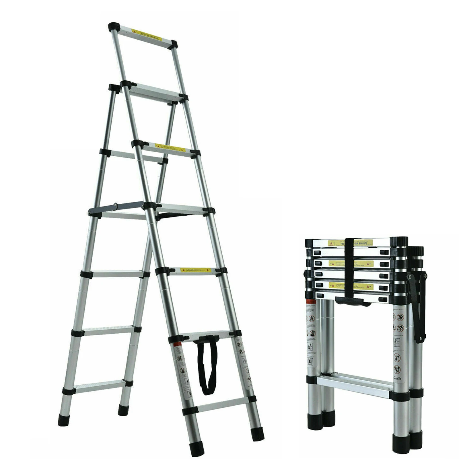 Folding Ladder, Extension Ladder Portable Compact Folding Aluminum Telescopic Ladder Safety Loft Ladders,150KG Max Load, EN131