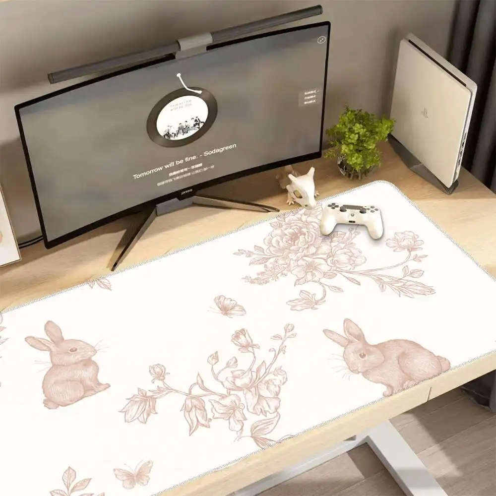 Rabbit Floral Desk Mat Extra-Large Non-Slip Rubber Gaming Mouse Pad Durable Desktop Mat for Home Office