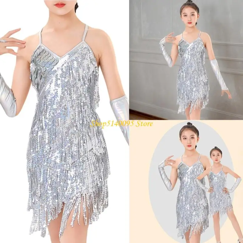 dxae 라틴 댄스 드레스 술 술 살사 댄스웨어 스팽글 프린지 드레스 현대 볼룸 차차 댄서 의상 아이