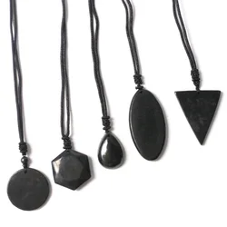 Natural Shungite Stone Necklace EMF Protection Hexagonal Triangle Oval Round Water Drop Energy Healing Pendant Reiki Quartz Gems