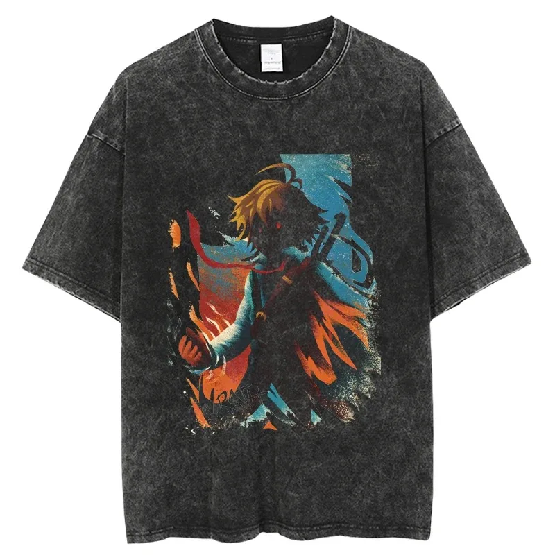 Camiseta lavada con estampado de Anime The Seven Deadly Sins Meliodas, camisetas Vintage de Manga para hombre, camiseta Unisex suave de lujo de alta calidad