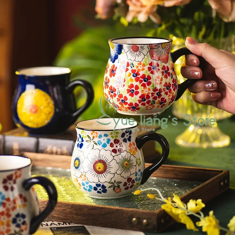 

Retro Handmade Flower Pattern Design Ceramic Mug Coffee Cup Milk Mug Home Office Breakfast Oatmeal Cup Ceramic Tea Mug