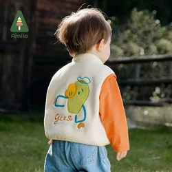 Amila Baby Jacket Coat Spring 2024 New Stand Collar Solid Color Cartoon Cute Casual Fleece Girls & Boys Winter Clothes