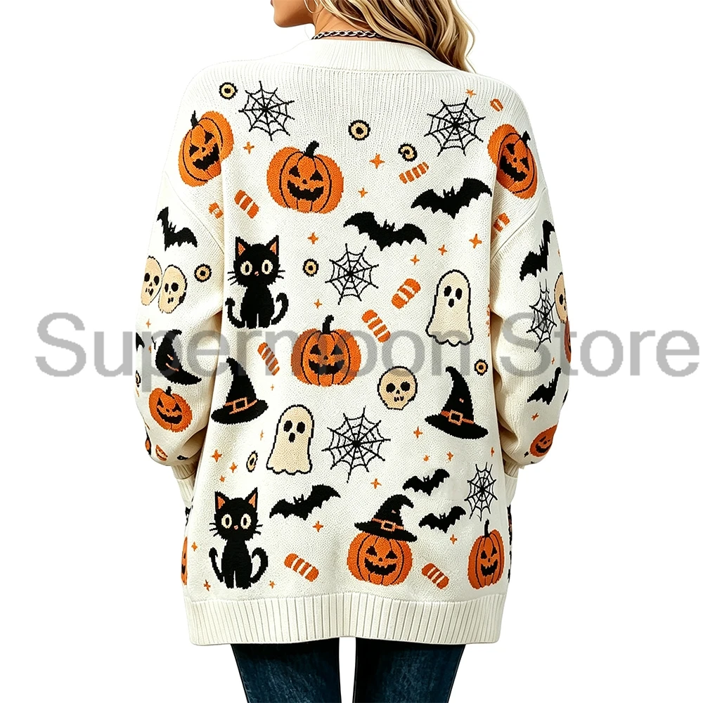 Halloween Pumpkin Ghost Black Cat Bat Knit Cardigan Long Sleeve Open Front Sweater with Pockets Women Casual Loose Outfits