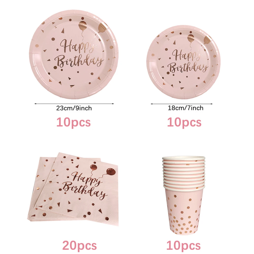 Birthday Pink Gold Dot Balloon Disposable Tableware Set Paper Plates Cups Napkins Tablecloth for Kids Party Decor Baby Shower