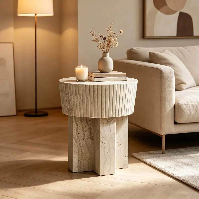 Dream Home Luxury Fluted Travertine Side Table Modern Natural Stone Round End Table  Living Room Villa Bedroom