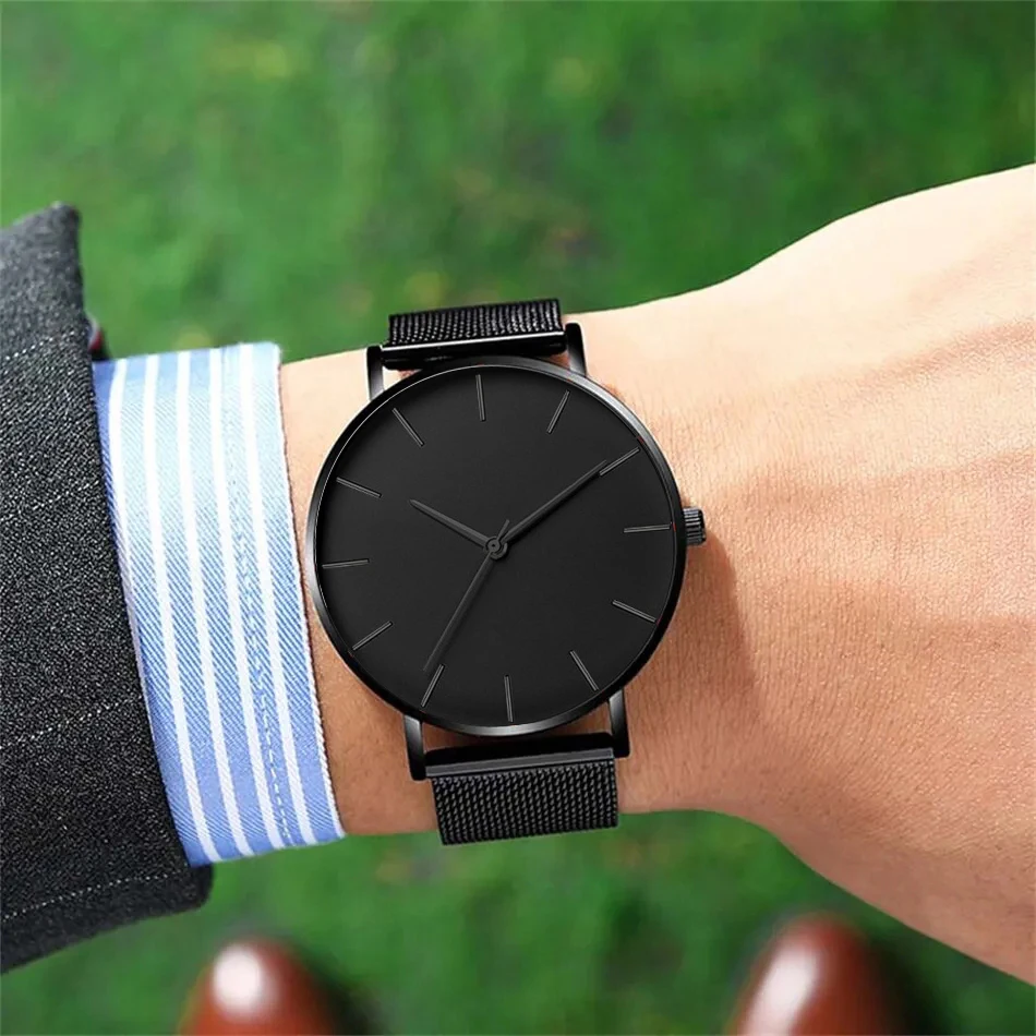 3PCS Set Fashion Mens Ultra Thin Simple Watches Men Business Casual Hand Rope Necklace Stainless Steel Mesh Belt Quartz Watch