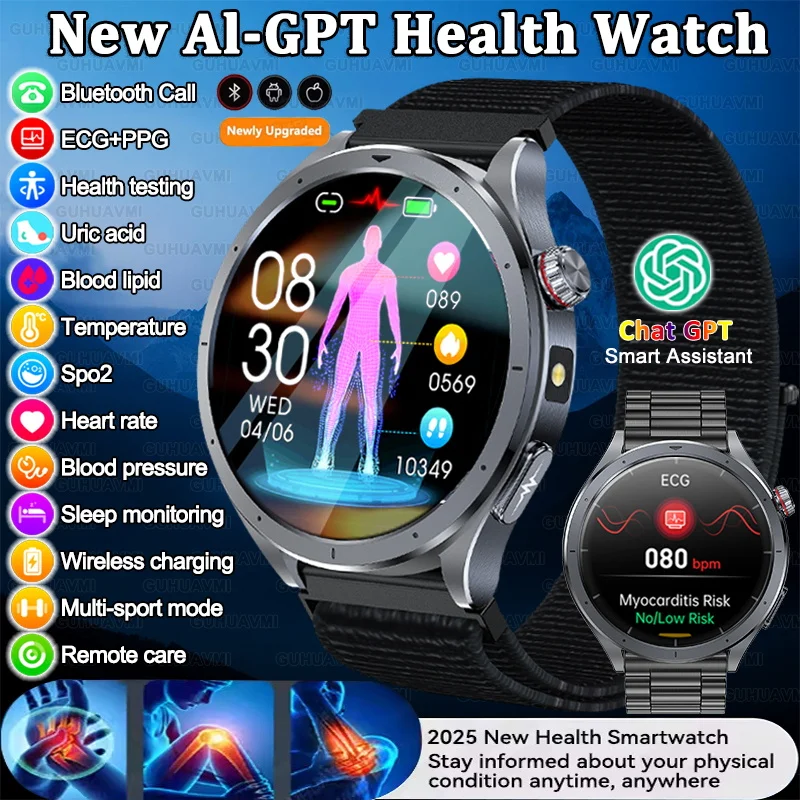 

2025NEW Nursing Level Uric Acid Blood lipids Health Smart Watch Men ECG+PPG Reduce Three Highs Body Analysis HD call Smartwatch
