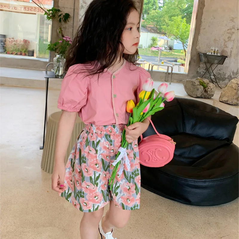 Childrens Summer Set 2024 New Solid Color Puff Sleeve Top and Pants Light and Thin Two Pieces Casual Comfortable Clothing