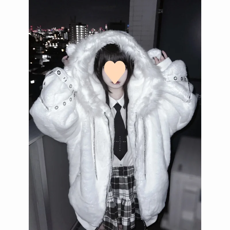 

Японское готическое пальто с капюшоном в стиле Лолиты, свободная плюшевая куртка с медвежьими ушками Y2K, теплый Harajuku для женщин и подростков, косплей, подарок на Хэллоуин