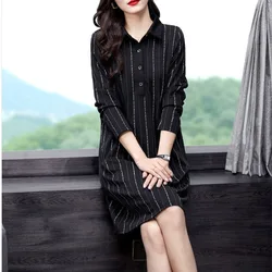 Women's 2024 Spring New Pullover Turndown Collar Button Pocket Vertical Bar Mid Length Loose Covering Belly Long Sleeved Dress