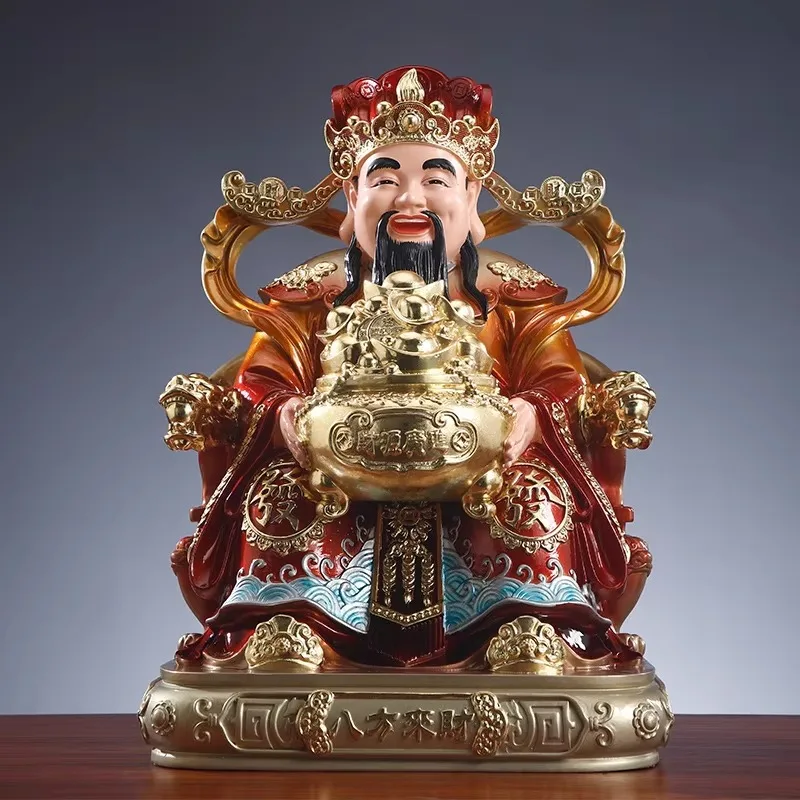 Resin God of Wealth Sculpture Home Store Tabletop Ornament Fortune Decor Hand Carved Craft Gift Auspicious Treasure Bowl