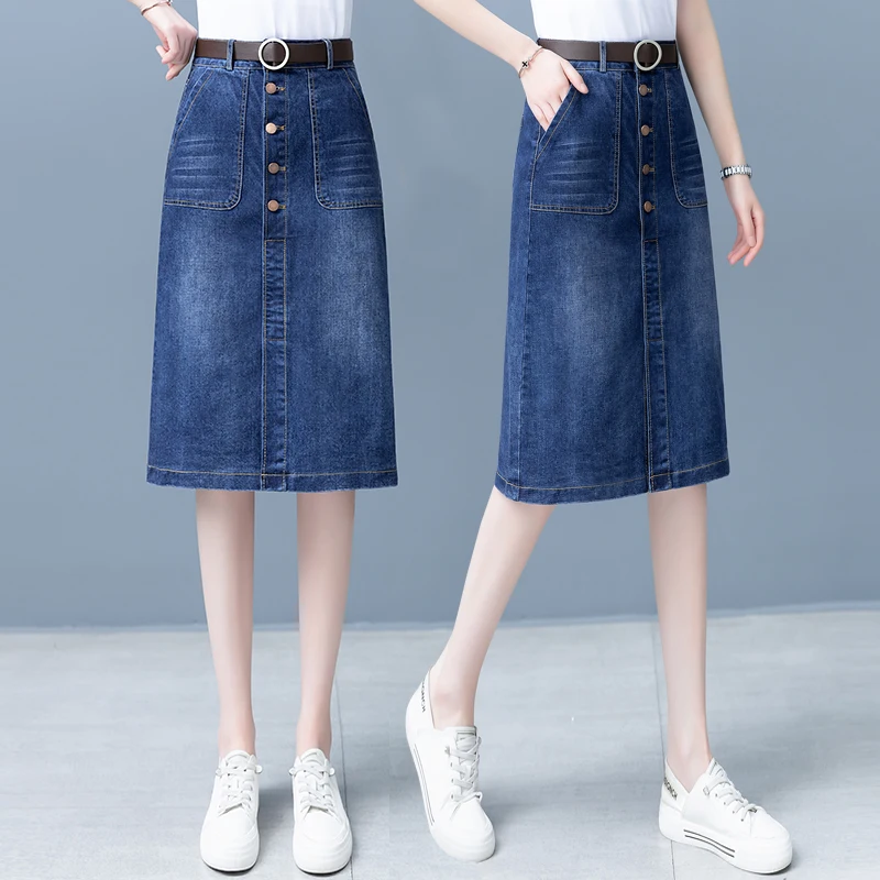 High Waist A-Line Midi Skirt for Women Spring 2023 Denim Split Long Dress Korean Style Commute Pure Color Long Skirt