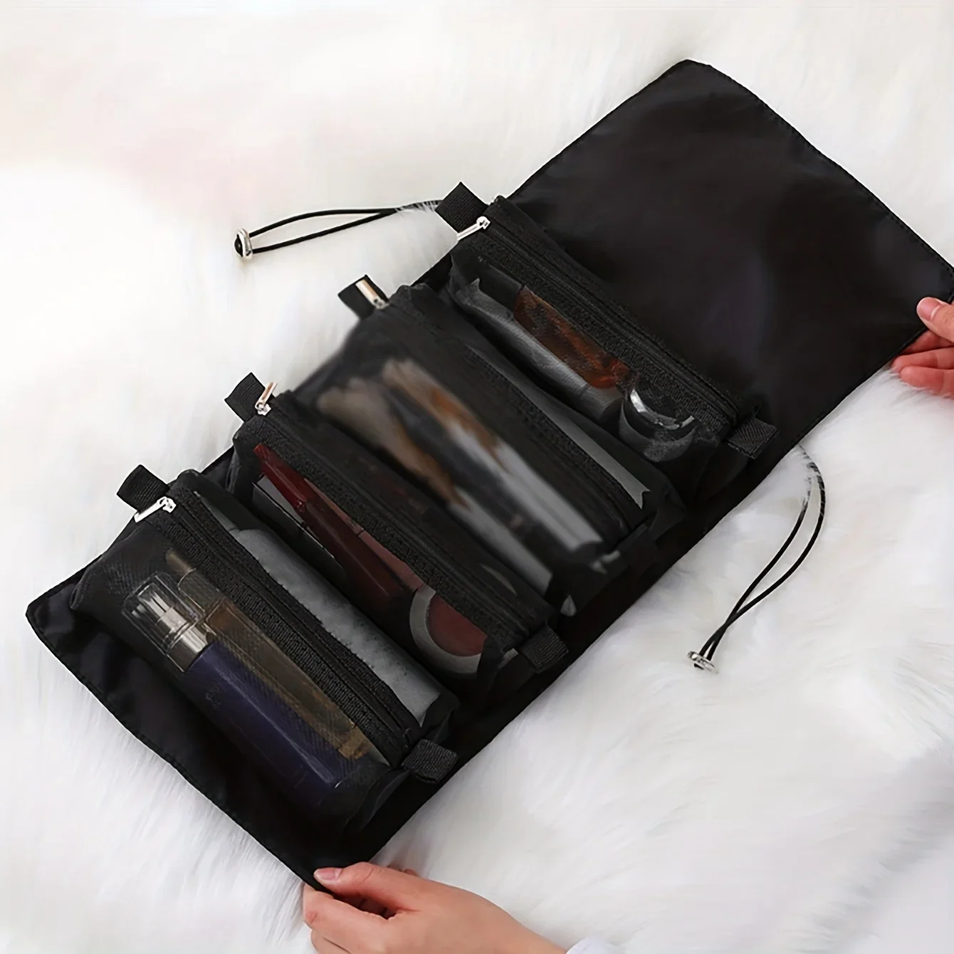 2pcs/4pcs/6pcs-Foldable compact makeup bag with detachable mesh compartments for quick rolling up of compartments