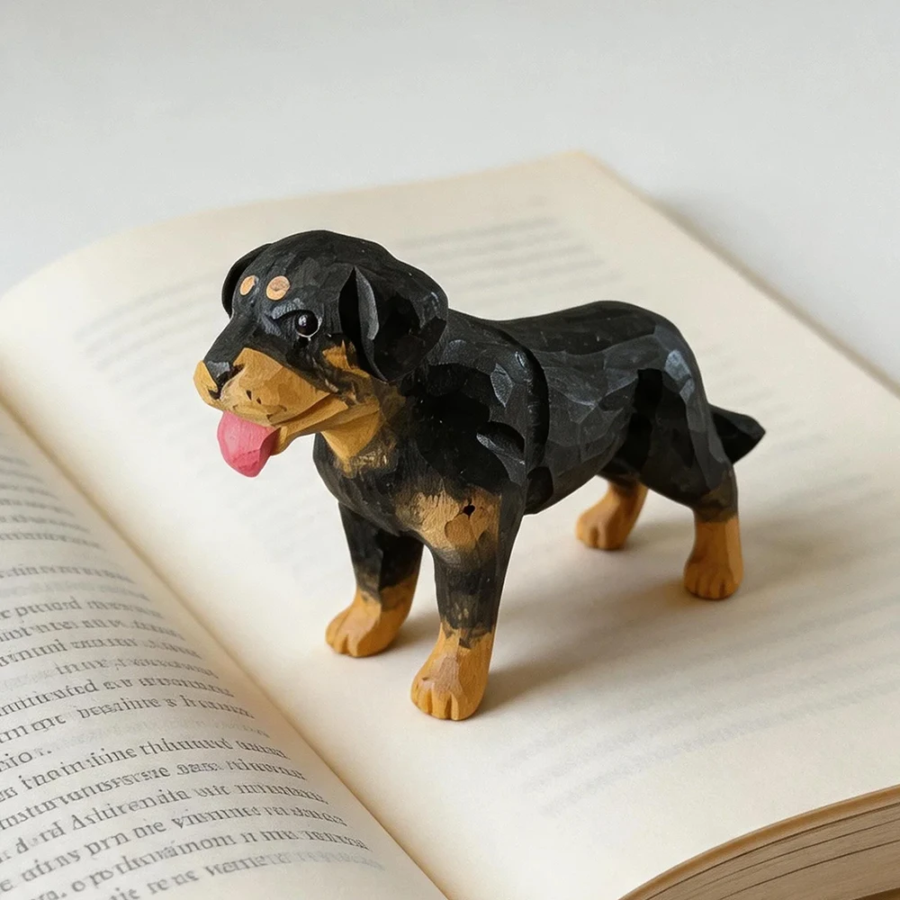 Hand Carved Wooden Rottweiler Figurine Realistic Dog Statue Natural Wood Sculpture for Home Decor Desk Ornament Gift