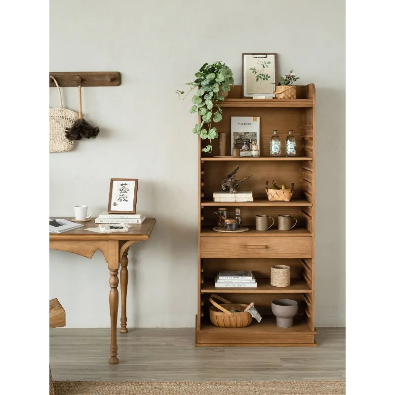 Log floor-to-ceiling display cabinet Multi-layer storage cabinet Living room study locker Movable solid wood furniture cabinet