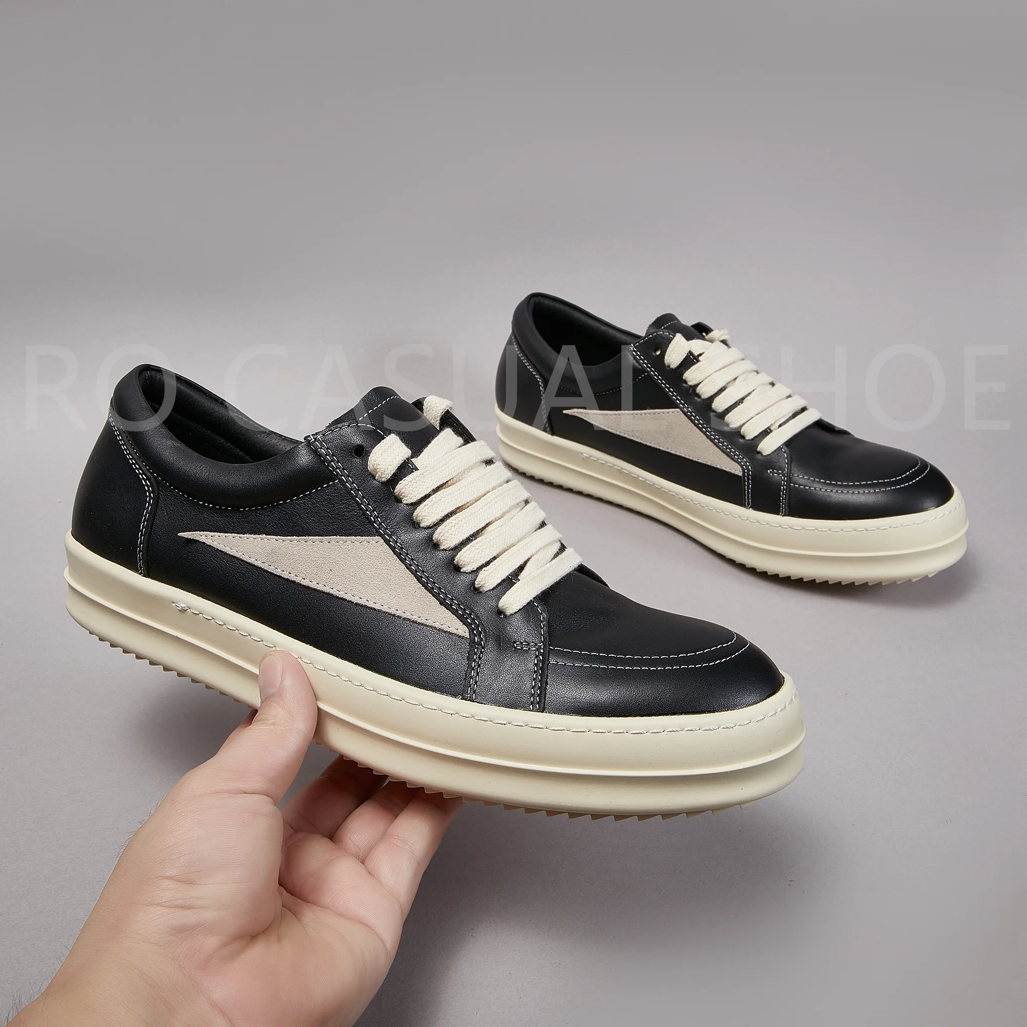 Ricks Genious Black Leather Low Top Owens Quality Men Shoe Women Sneaker Casual Lace Up Zipper Owens Design boots & Shoes