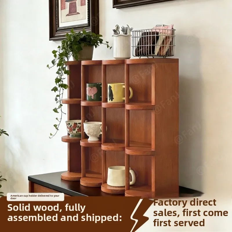 American retro cup holder, multi-layer wooden cup holder, solid wood storage desktop storage rack