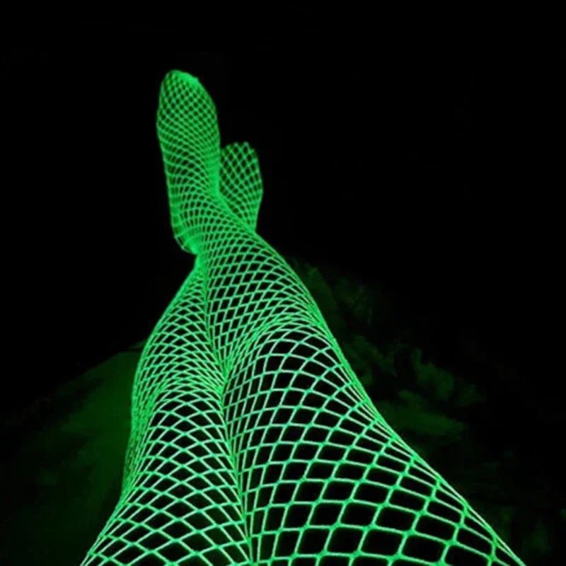 Meia-calça arrastão feminina plus que brilha no escuro, meia-calça arrastão com brilho neon reativo uv, roupa rave, meias para festival de música
