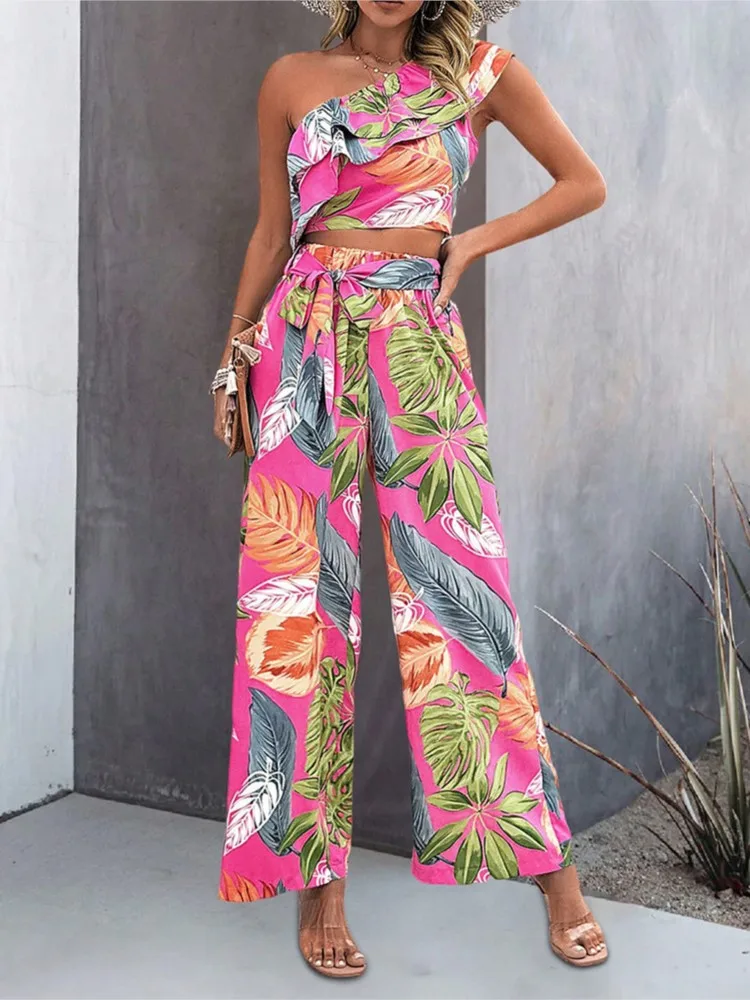 Women Vacation Two Piece Set 2025 Summer Off Shoulder Print Color Colorful Sleeveless Top High Waist Wide-Leg Pants 2 Piece Sets