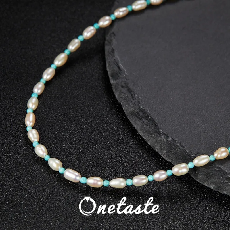 

Turquoise Stone Pearl Rosary Bead Necklace Women Simple Fashion 925 Silver Stackable Beaded Strand Chokers Necklaces Dainty Gift