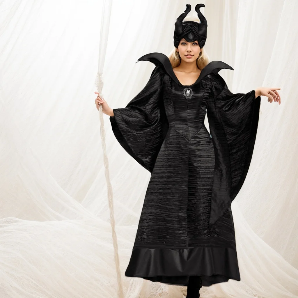 F1666 Women Maleficent Deluxe Christening Black Gown Adult Plus Size Costume Include Beauty Black Dress And Headpiece