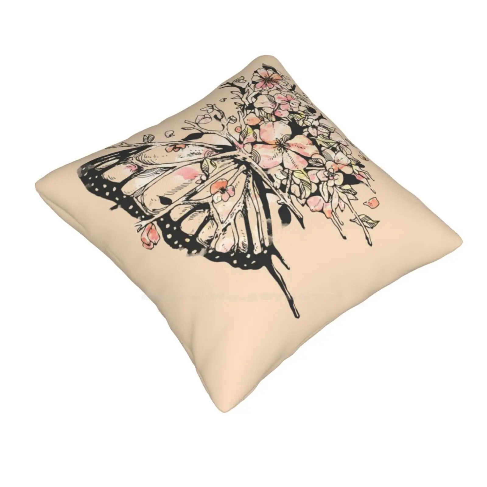 Metamorphora Funny Cute Decor Square Pillowcase Butterfly Nature Flowers Leaves Flora Fauna Surrealism Watercolor Branches Life