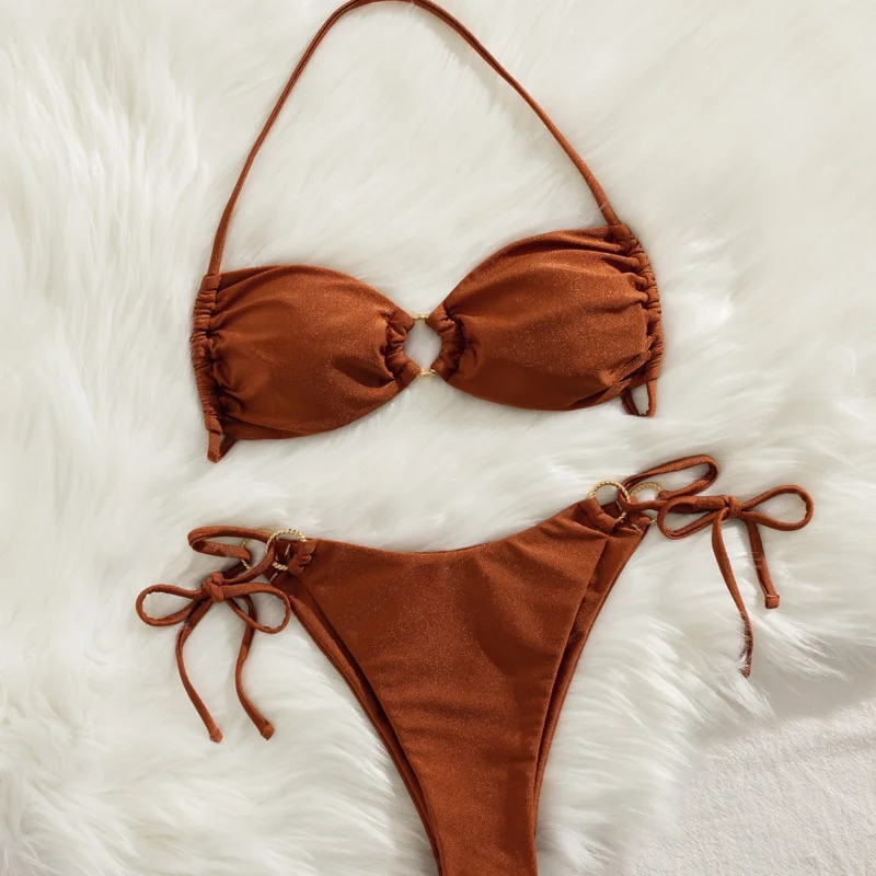 

New Soft Bag Solid Color Metal Ring Link Halter Neck Tie Elegant Party Bikini Set