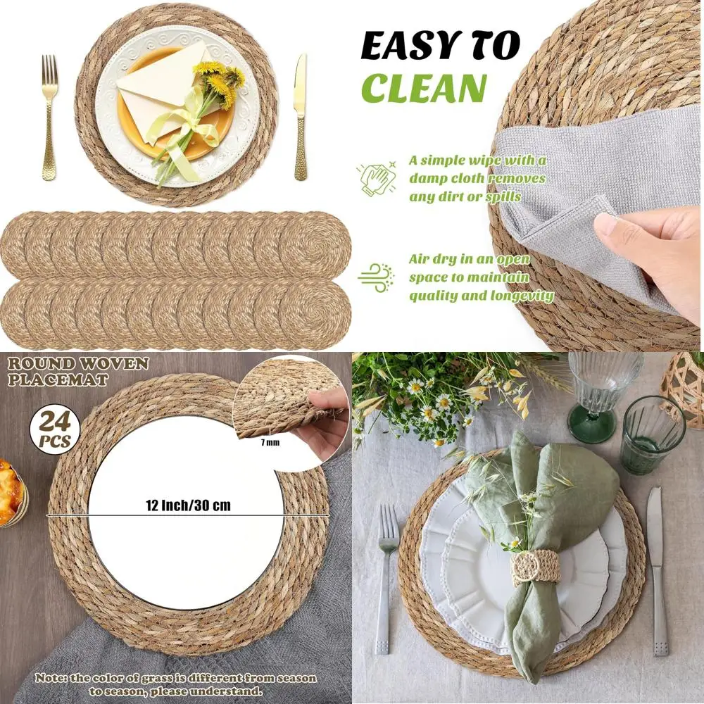 

Natural Boho Rattan Woven Placemats Set of 24, 12 Inches, Handcrafted Farmhouse Style Table Mats for Everyday Dining