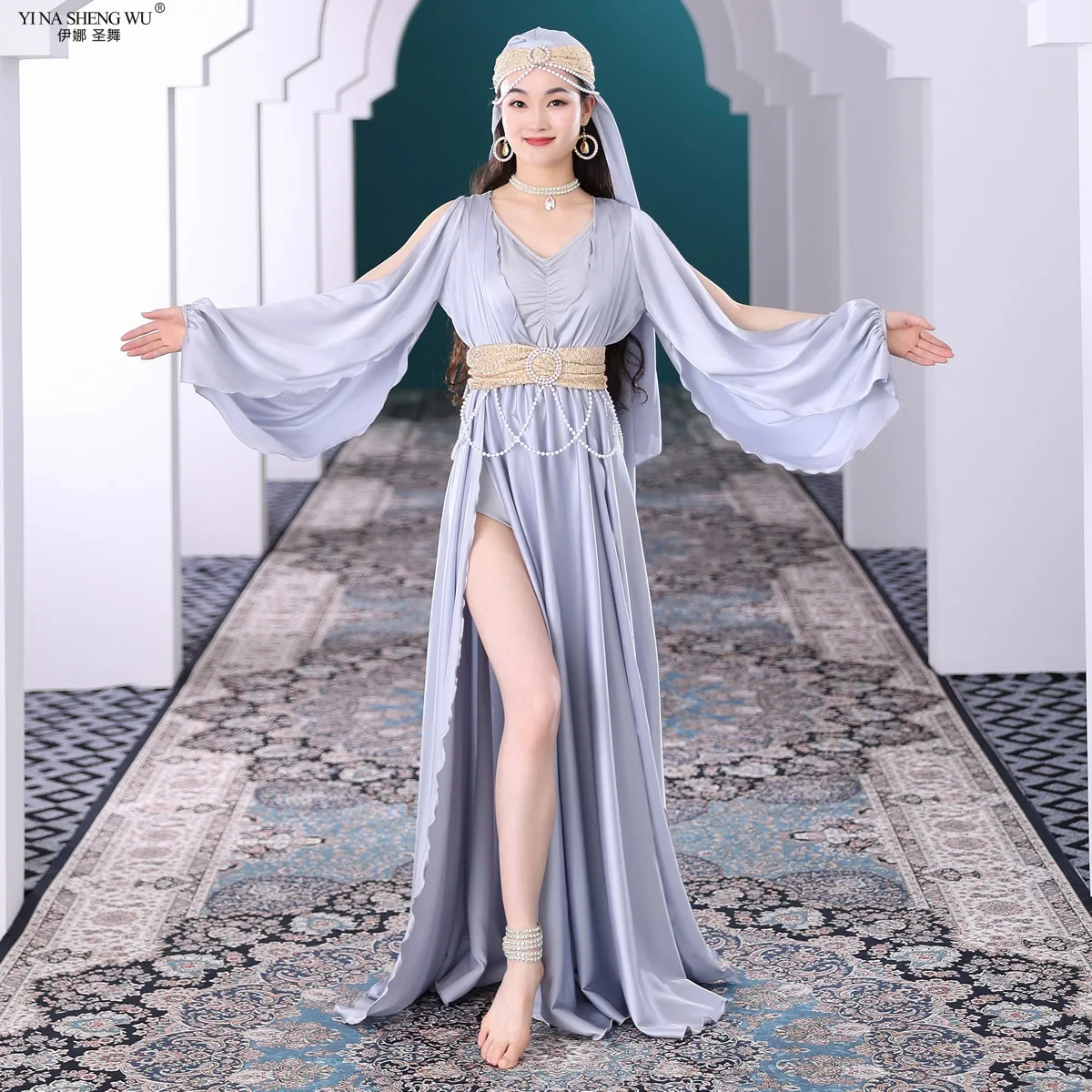 Strój do Tańca Brzucha dla Dorosłych Orientalny Zestaw Taneczny Ludowy Kostium na Występ Szata z Bufiastymi Rękawami Ubranie do Tańca